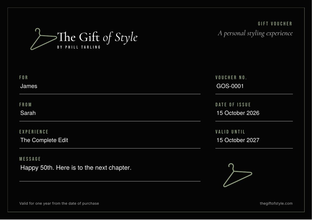 The Gift of Style gift voucher, front